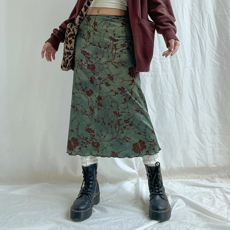 CIBBAR Floral Print Midi Skirt - Vintage Low Rise, Y2K Style for Spring/Summer