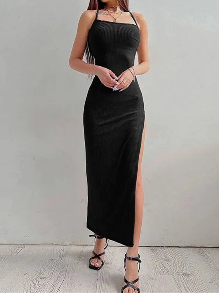 Black Hulter Bodycon Dress - Sleevless, Backless, High Slit Summer Maxi