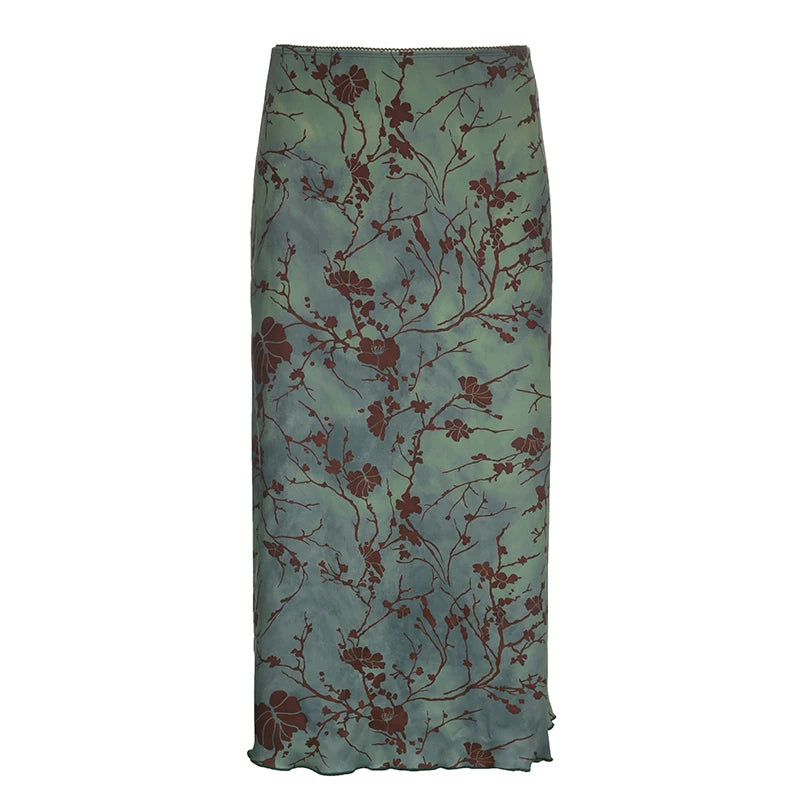 CIBBAR Floral Print Midi Skirt - Vintage Low Rise, Y2K Style for Spring/Summer