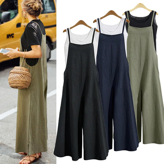 Cotton Linen Wide - Leg Jumpsuit - Sleevless, Loose Fit, Summer Overalls