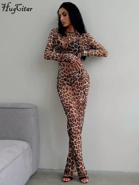 Leopard Mesh Maxi Dress - See - Through, Slim Fit, Fall 2024 Club & Vacation Look