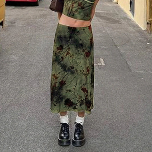 CIBBAR Floral Print Midi Skirt - Vintage Low Rise, Y2K Style for Spring/Summer