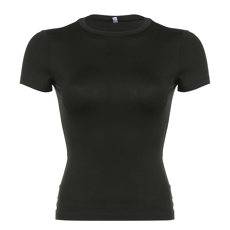 Basic Solid Crop Top Short Sleeve Crewneck Skinny T-shirt Summer Casual Tee for Women