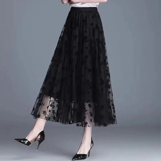 Floral gauze A- Line Skirt - High Waist, Pleated Fairycore Style [ Spring/Summer]