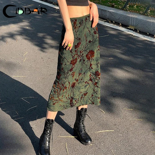 CIBBAR Floral Print Midi Skirt - Vintage Low Rise, Y2K Style for Spring/Summer