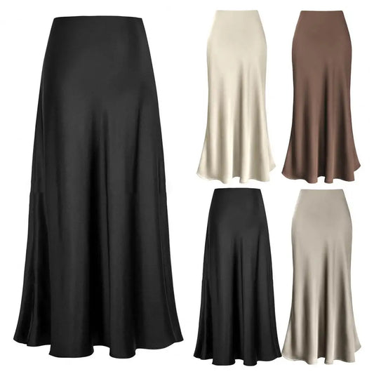 Faux Silk Fishtail Maxi Skirt - High Waist, Elegant Satin Look