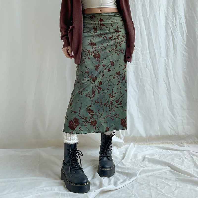 CIBBAR Floral Print Midi Skirt - Vintage Low Rise, Y2K Style for Spring/Summer