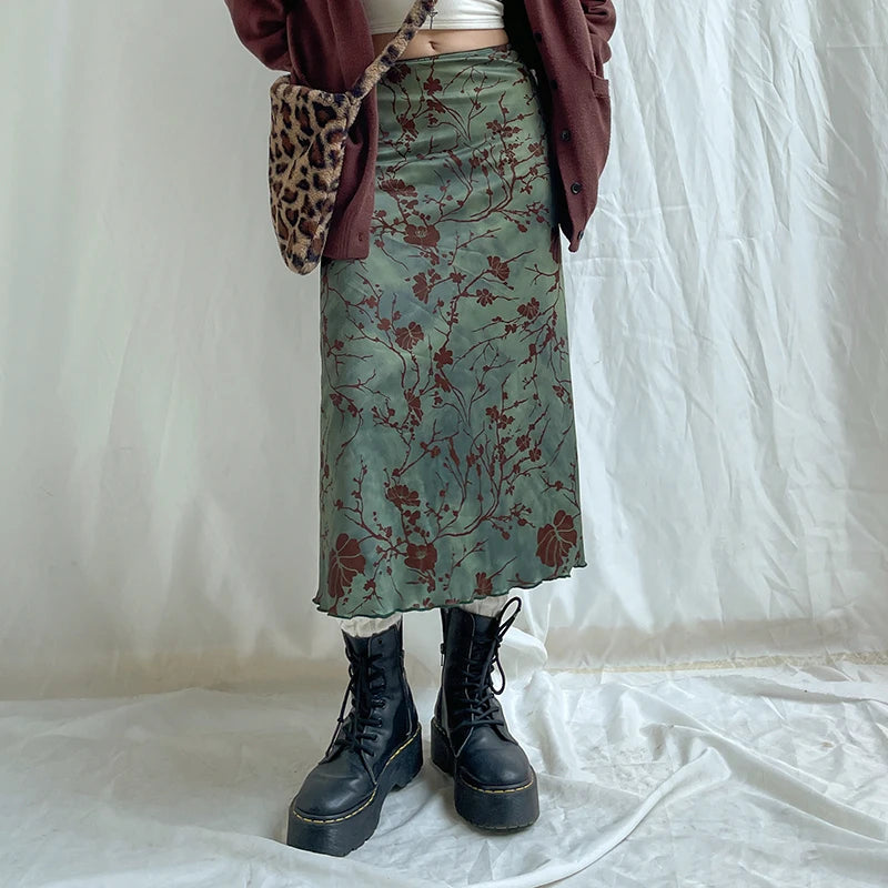CIBBAR Floral Print Midi Skirt - Vintage Low Rise, Y2K Style for Spring/Summer